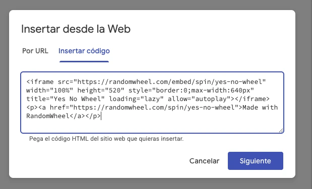 مربع حوار التضمين من الويب في Google Sites مع الكود الملصق.