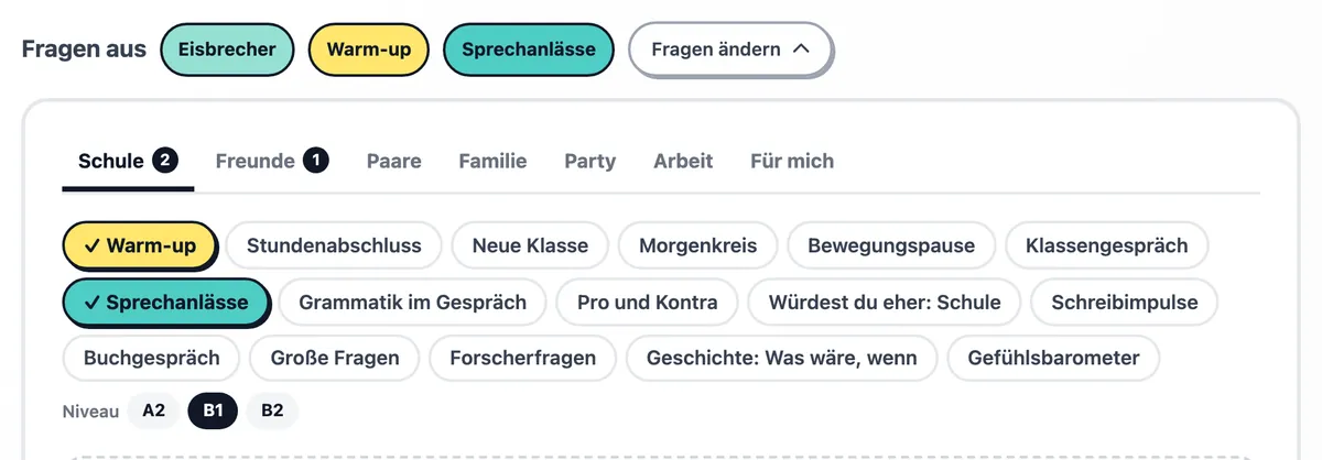 Die Sets, mit Warm-up, Sprechanlässe und Eisbrecher ausgewählt