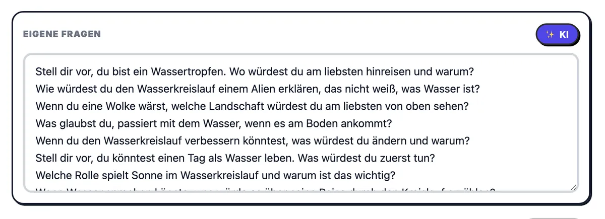 Eigene Fragen, gefüllt mit Fragen zum Wasserkreislauf