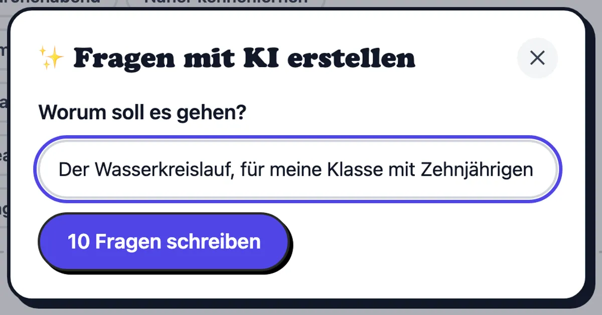 Das KI-Fenster mit einer Anfrage nach Fragen zum Wasserkreislauf für eine 4. Klasse
