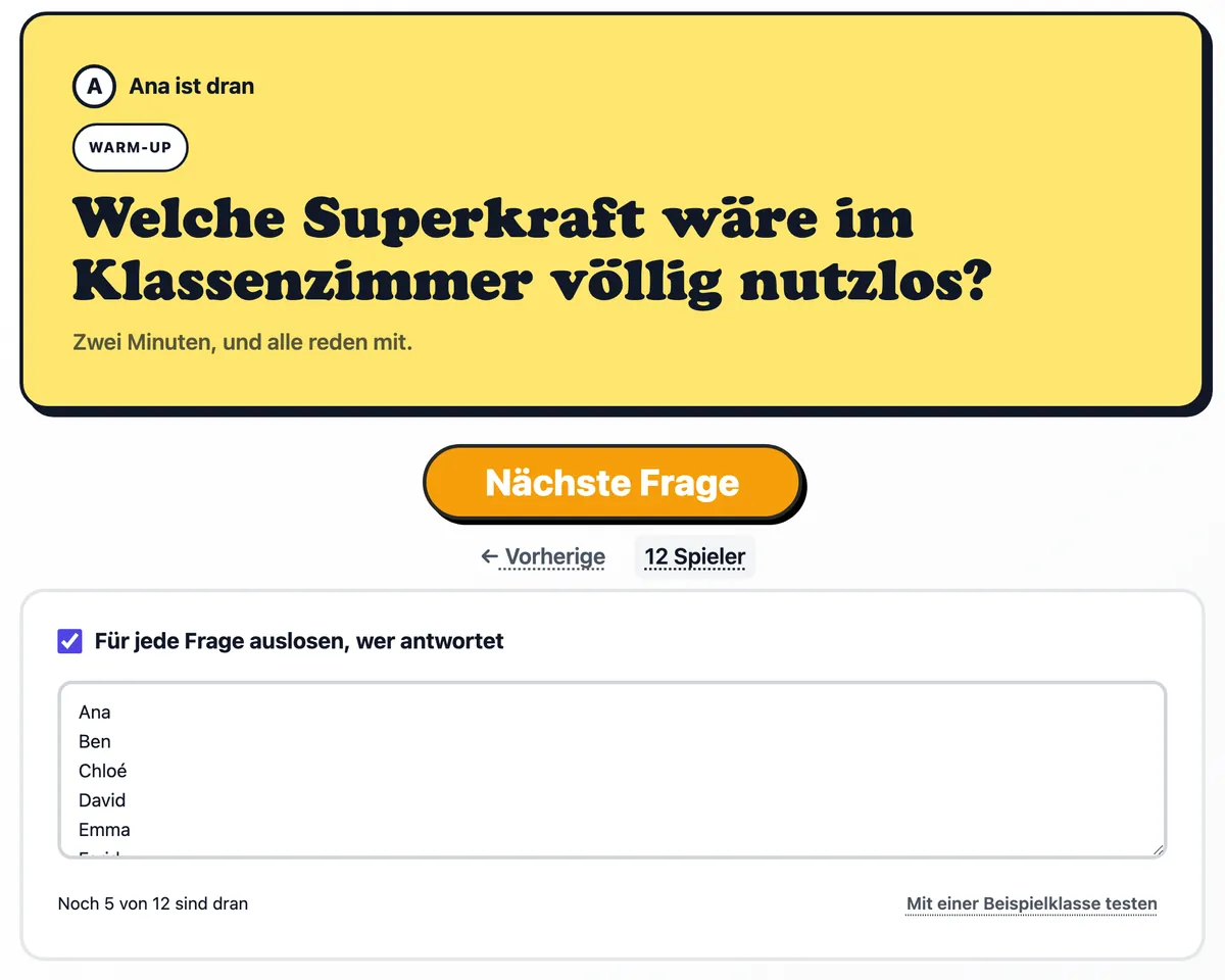 Eine Frage für Farid auf der Karte, darunter die geöffnete Klassenliste