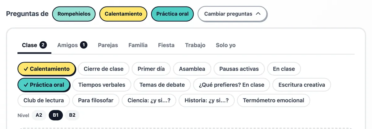 Los packs, con Calentamiento, Práctica oral y Rompehielos elegidos