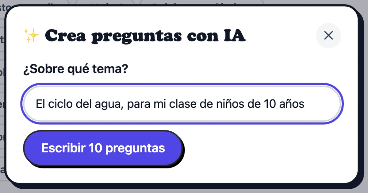 La ventana de IA, pidiendo preguntas sobre el ciclo del agua para una clase de niños de 10 años
