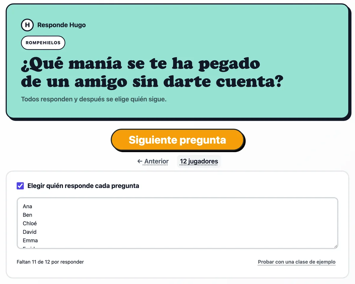 Una pregunta para Farid en la tarjeta, con la lista de la clase abierta debajo