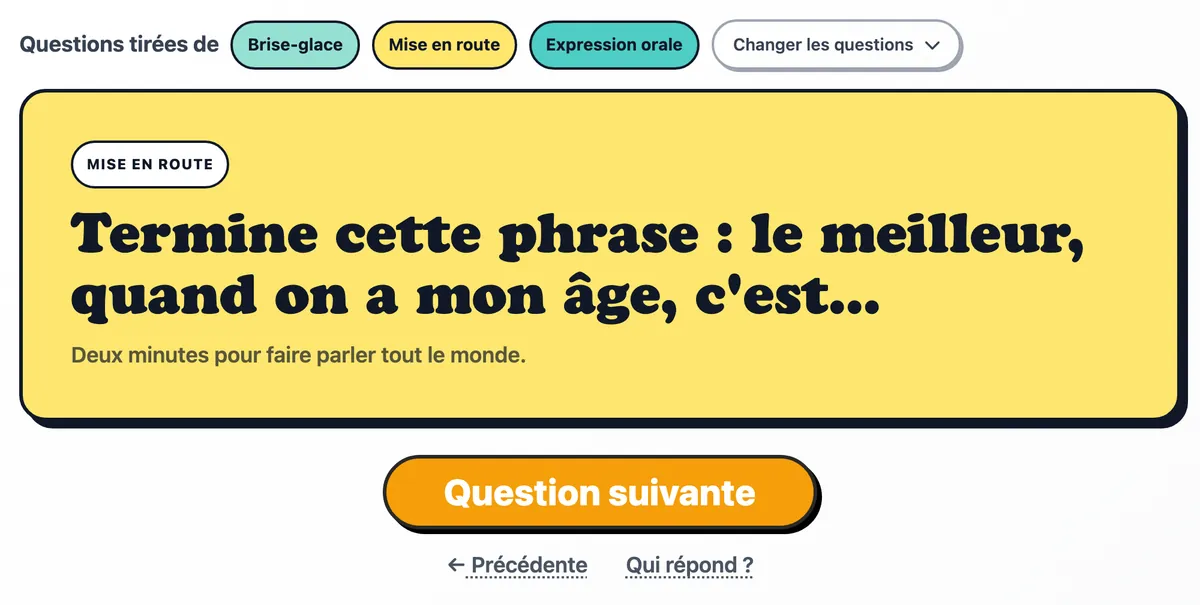 Une question de mise en route sur la carte, avec le bouton Question suivante en dessous