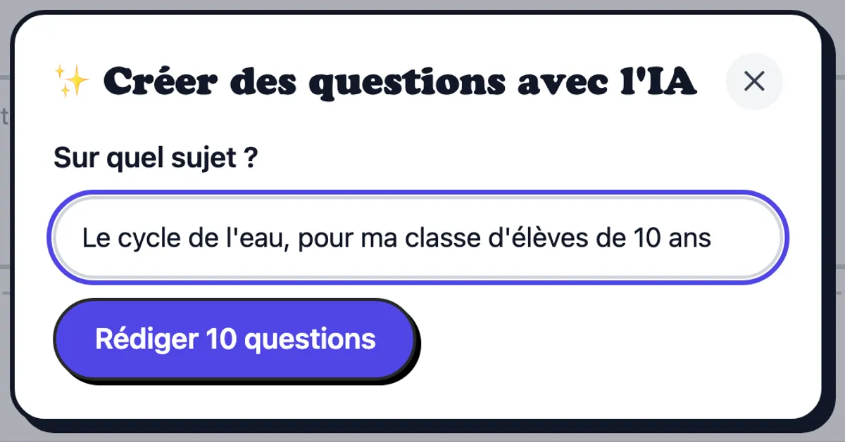 La fenêtre IA, qui demande des questions sur le cycle de l'eau pour une classe de CM1