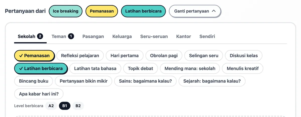 Daftar paket, dengan Pemanasan, Latihan berbicara, dan Ice breaking terpilih