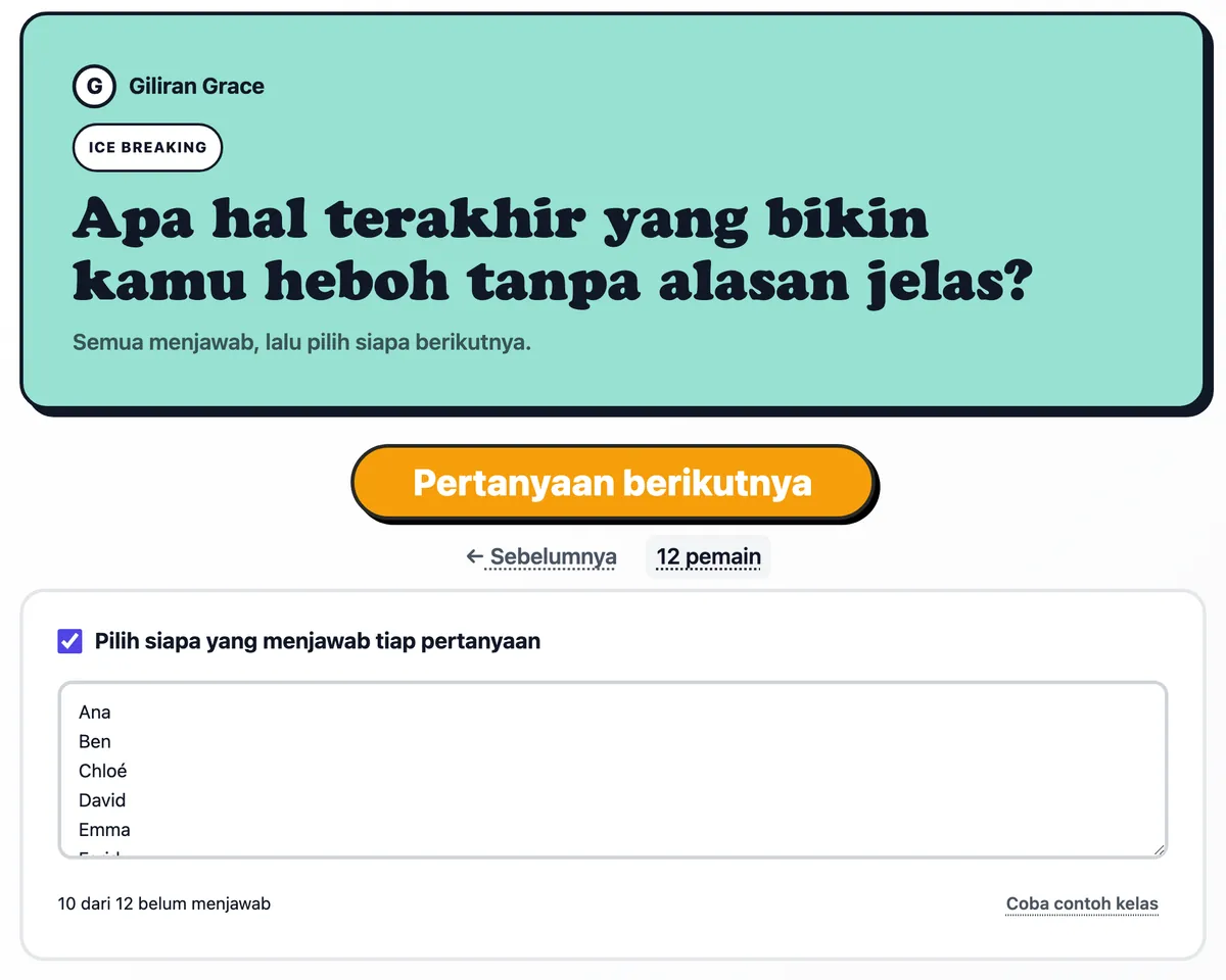 Pertanyaan untuk Farid di kartu, dengan daftar kelas terbuka di bawahnya