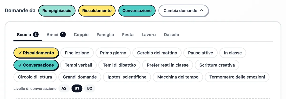 I pacchetti, con Riscaldamento, Conversazione e Rompighiaccio selezionati