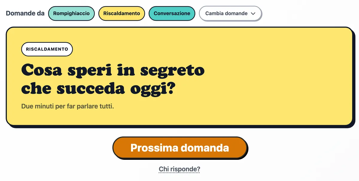 Una domanda di riscaldamento sulla carta, con il pulsante Prossima domanda sotto