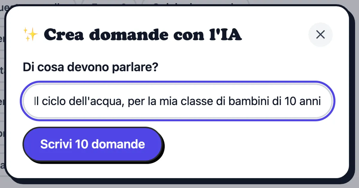 La finestra dell'IA, con la richiesta di domande sul ciclo dell'acqua per una classe di bambini di 10 anni