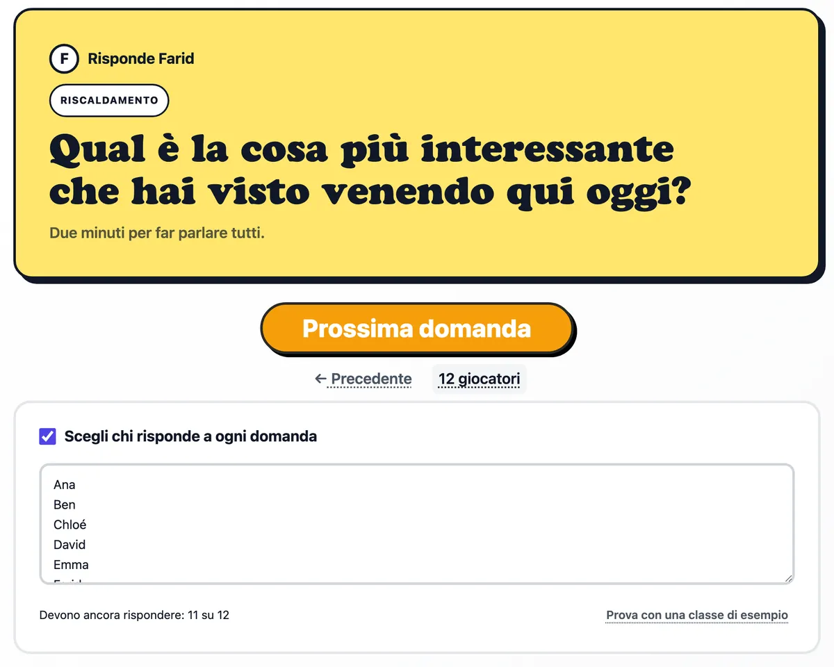 Una domanda per Farid sulla carta, con l'elenco della classe aperto sotto