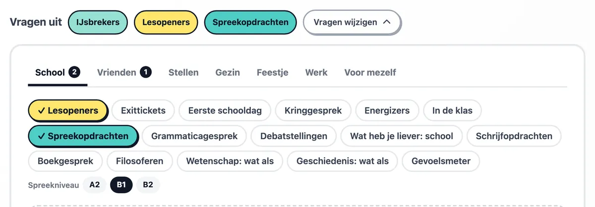 De sets, met Lesopeners, Spreekopdrachten en IJsbrekers gekozen