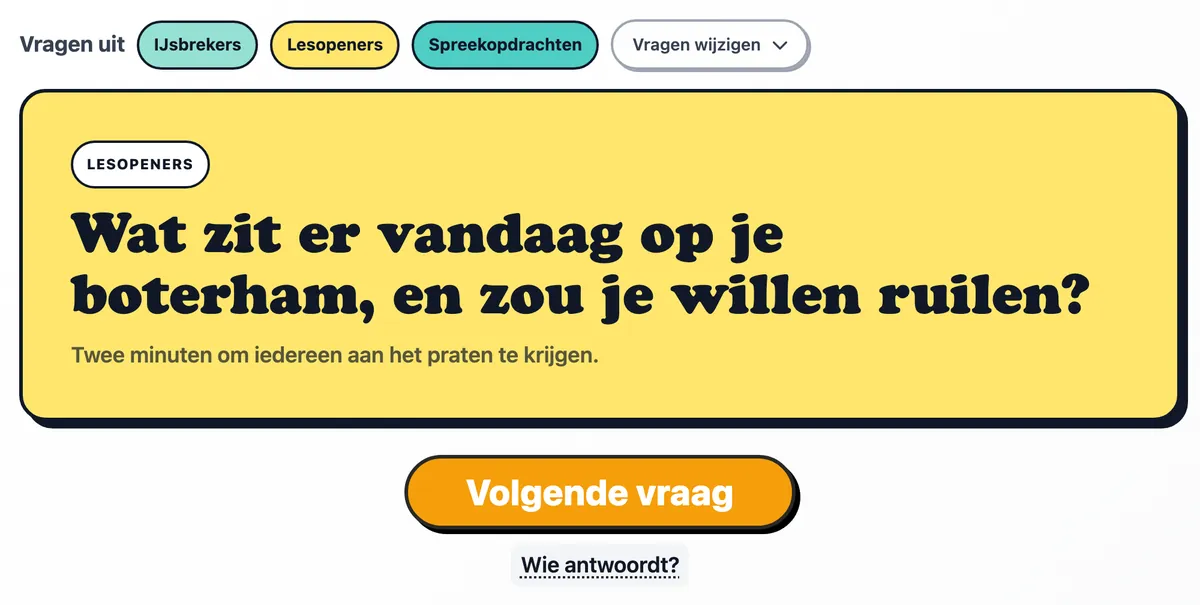 Een vraag uit Lesopeners op de kaart, met de knop Volgende vraag eronder