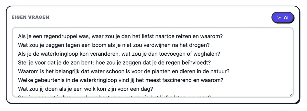 Eigen vragen, ingevuld met vragen over de waterkringloop