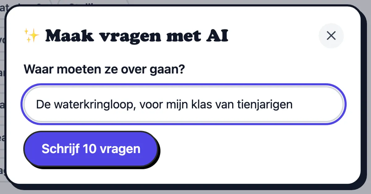 Het AI-venster, met een verzoek om vragen over de waterkringloop voor een klas van 10-jarigen
