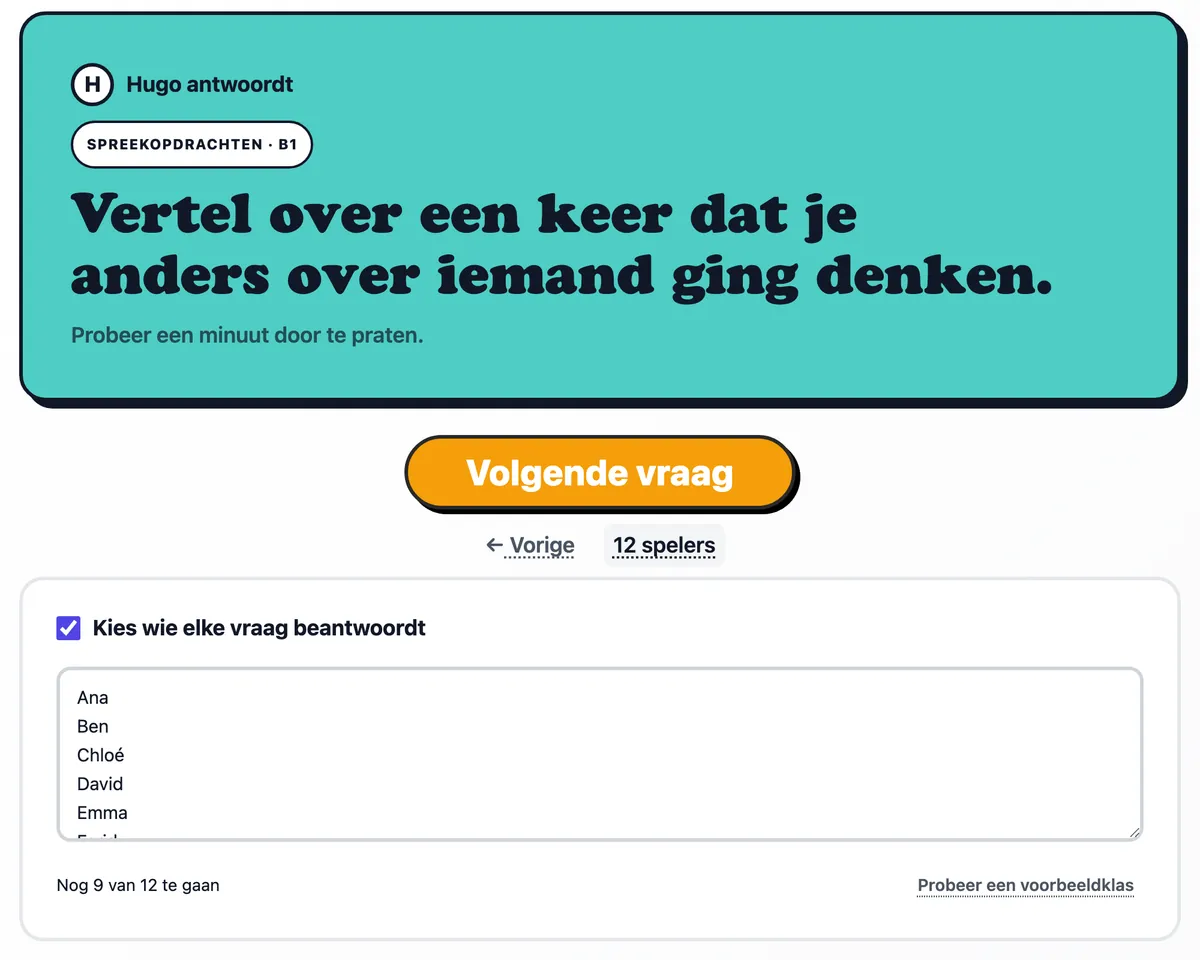 Een vraag voor Farid op de kaart, met de klassenlijst eronder open