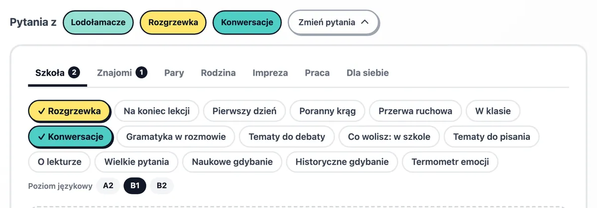 Zestawy pytań, wybrane: Rozgrzewka, Konwersacje i Lodołamacze