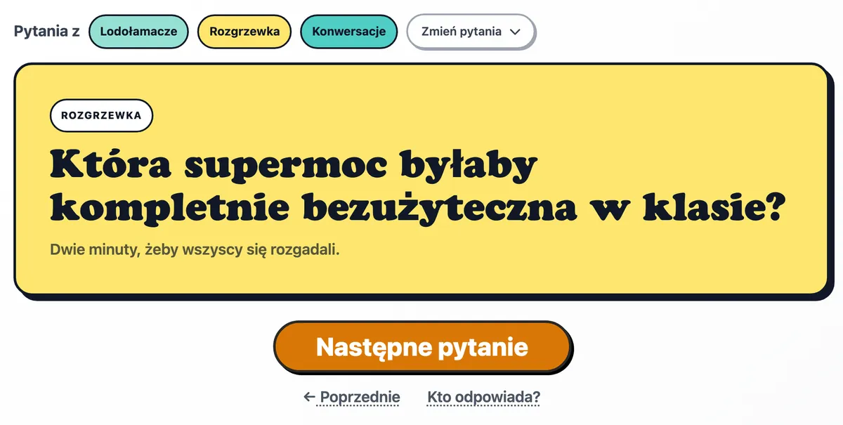 Pytanie na rozgrzewkę na karcie, pod nim przycisk Następne pytanie