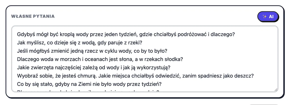 Własne pytania, wypełnione pytaniami o obiegu wody w przyrodzie