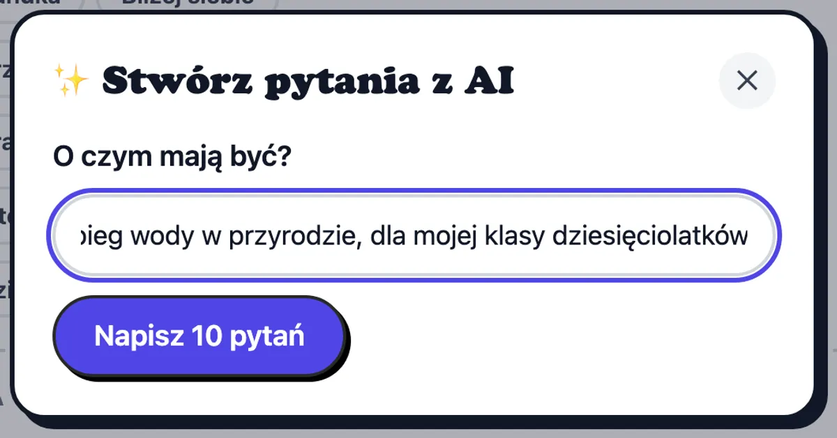 Okno AI z prośbą o pytania o obiegu wody dla klasy dziesięciolatków