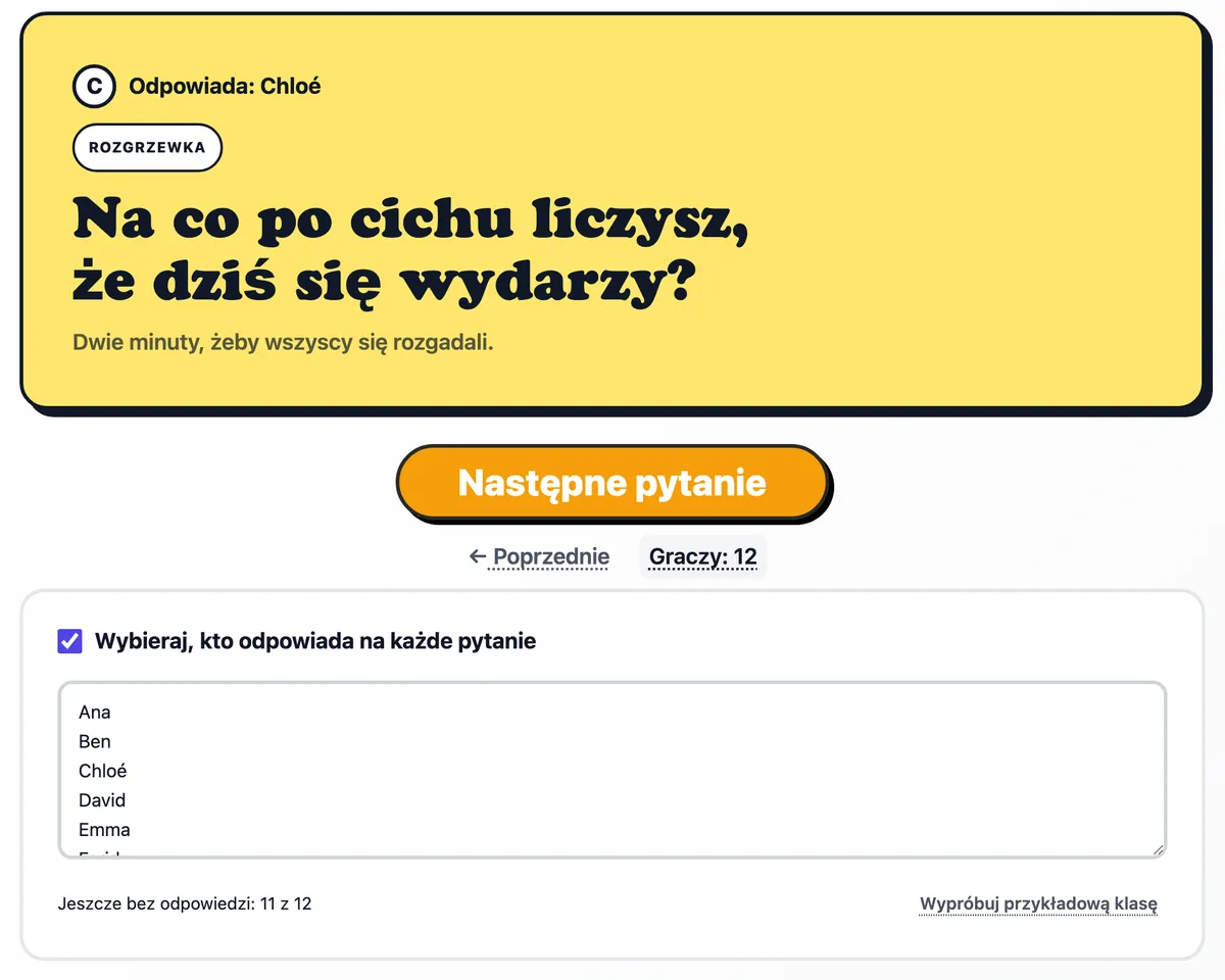 Pytanie dla Farida na karcie, pod nim otwarta lista klasy