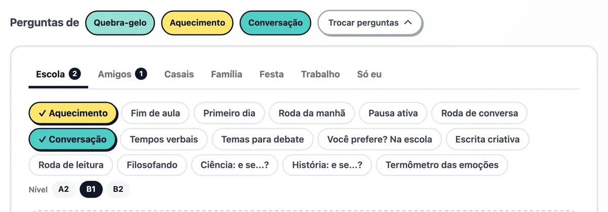 Os pacotes, com Aquecimento, Conversação e Quebra-gelo escolhidos