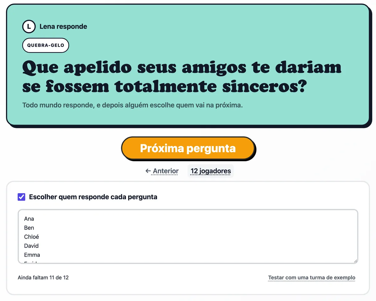 Uma pergunta para o Farid no cartão, com a lista da turma aberta embaixo