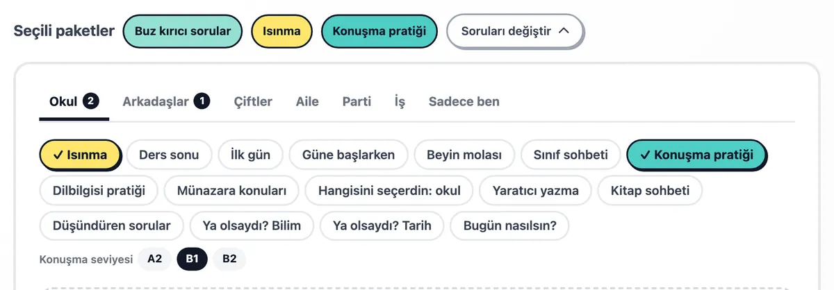 Isınma, Konuşma pratiği ve Buz kırıcı sorular seçili paketler