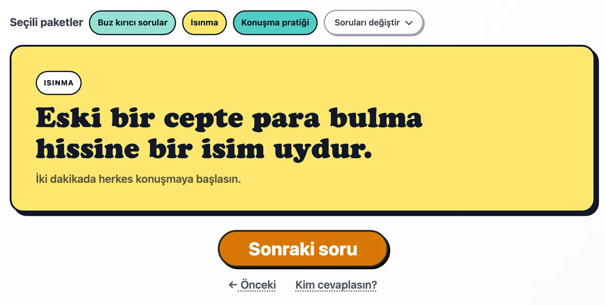 Kartta bir ısınma sorusu, altında Sonraki soru düğmesi