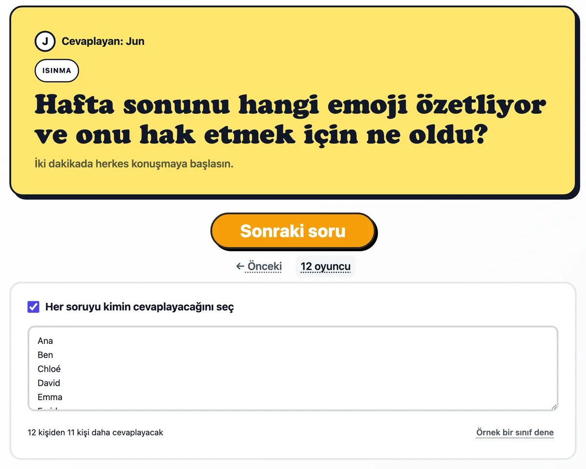 Kartta Farid için bir soru, altında açık sınıf listesi